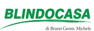 Logo con testo "BLINDOCASA" verde con swoosh e "di Bruno Geom. Michele" sotto.