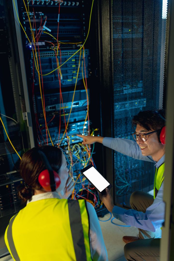 A man and a woman are working on a server in a data center.