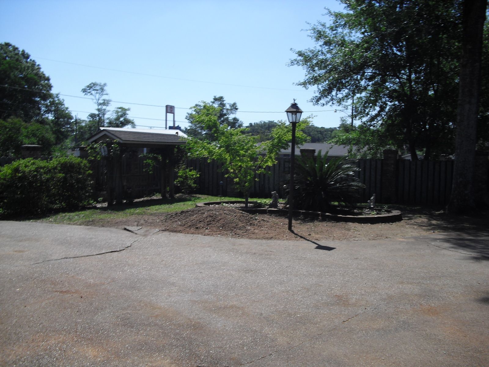 A sunlit residential driveway with a patch of dirt and a small tree, bordered by a wooden fence and a black lamp post.