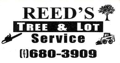 Reed's Tree & Lot Service business card with a chainsaw, tree, skid-steer, and phone number.