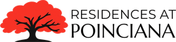 Logo for Residences at Poinciana with red tree icon and black text on white background