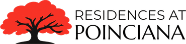 Logo for Residences at Poinciana with red tree icon and black text on white background