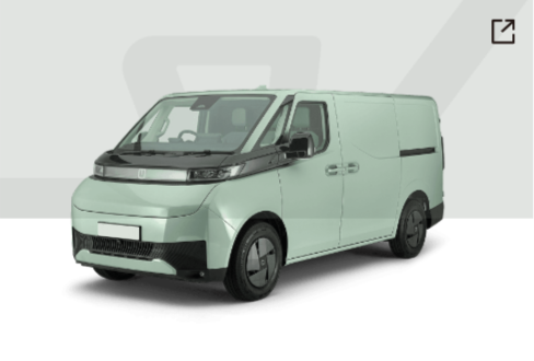 A light green electric delivery van with dark grey wheels and trim, shown at a three-quarter angle against a plain background.