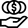 A black icon of a hand holding three coins, with a dollar sign on the center coin.