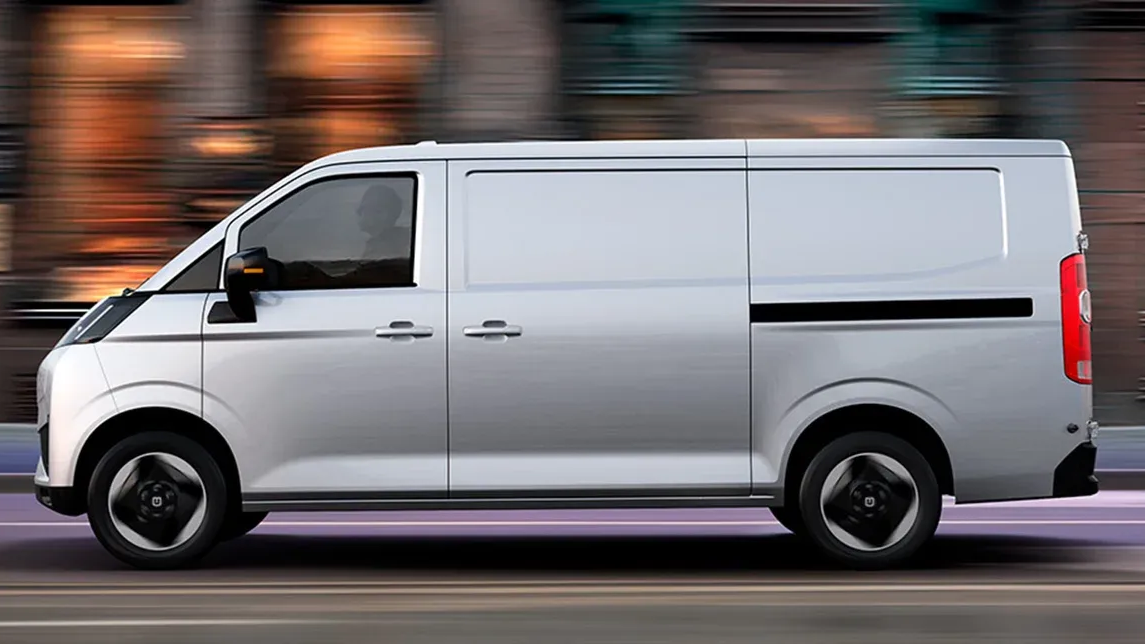 A white cab-chassis truck against a solid dark blue background.