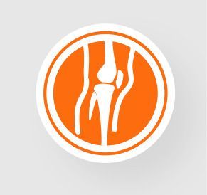 Orange circular icon with a white stylized knee joint on a light gray background