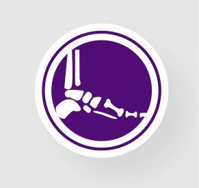 Purple circular icon showing a white skeletal foot and ankle bone diagram