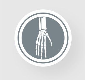X-ray of a hand skeleton inside a gray circular icon