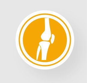 Orange circular knee joint icon with a white stylized leg inside