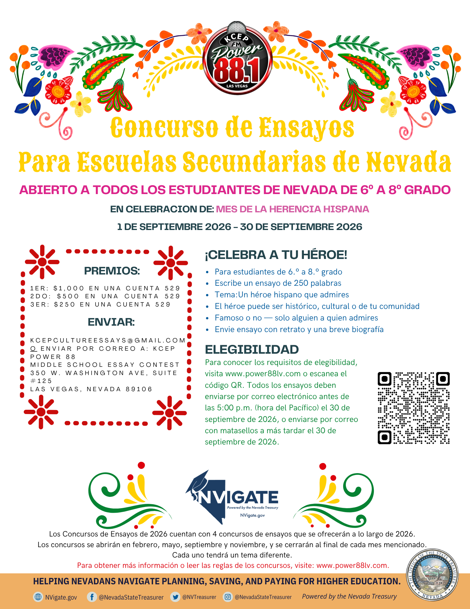 Flyer for an essay contest for Nevada middle school students. Features text, and colorful floral decorations.