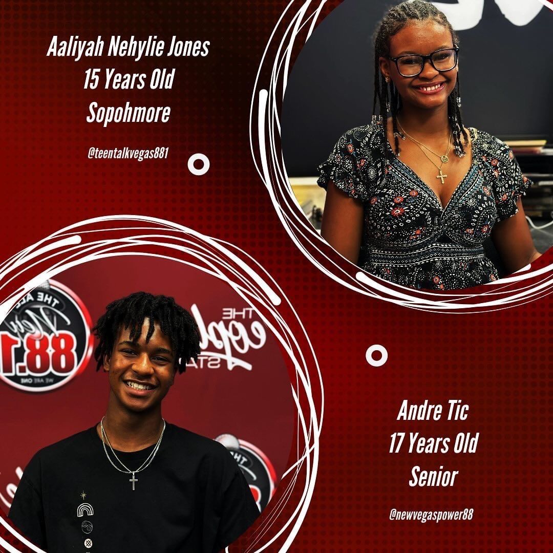 Maroon yearbook-style collage with two student portraits and names, framed by white circular graphics