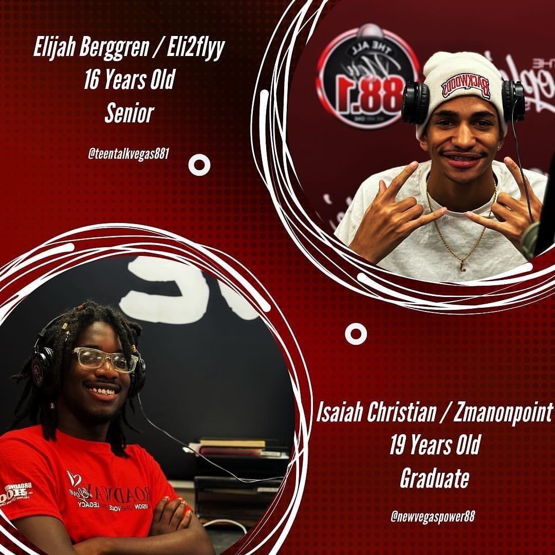 Two student portraits on a red graphic background with names and class years displayed
