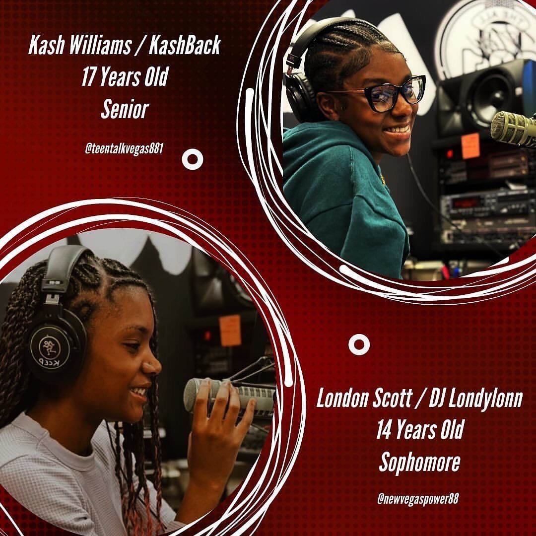 Two student podcast hosts speaking into microphones with headphones in a radio studio.