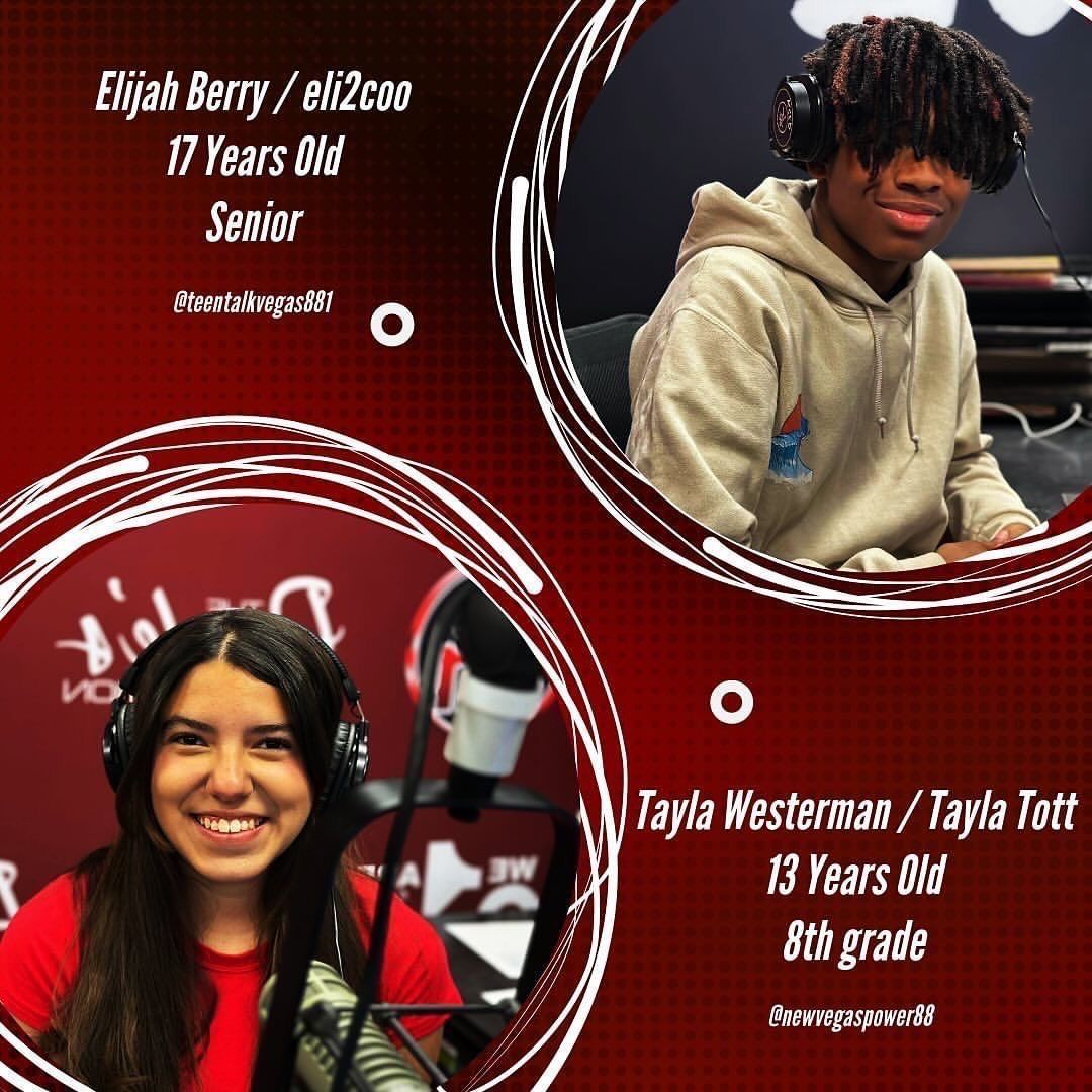 Two student portraits on a red background with white swirls and name captions