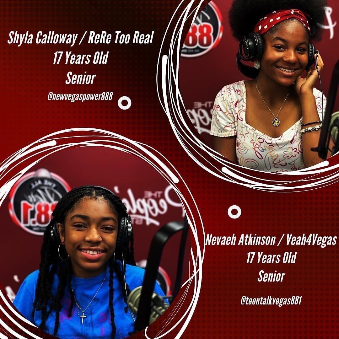 Two smiling girls wearing headphones on a red radio-themed collage background