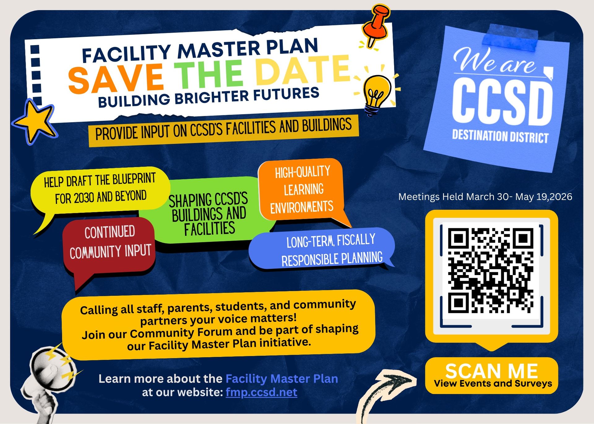 Facility Master Plan flyer with QR code and a “We are CCSD” banner on a blue background.