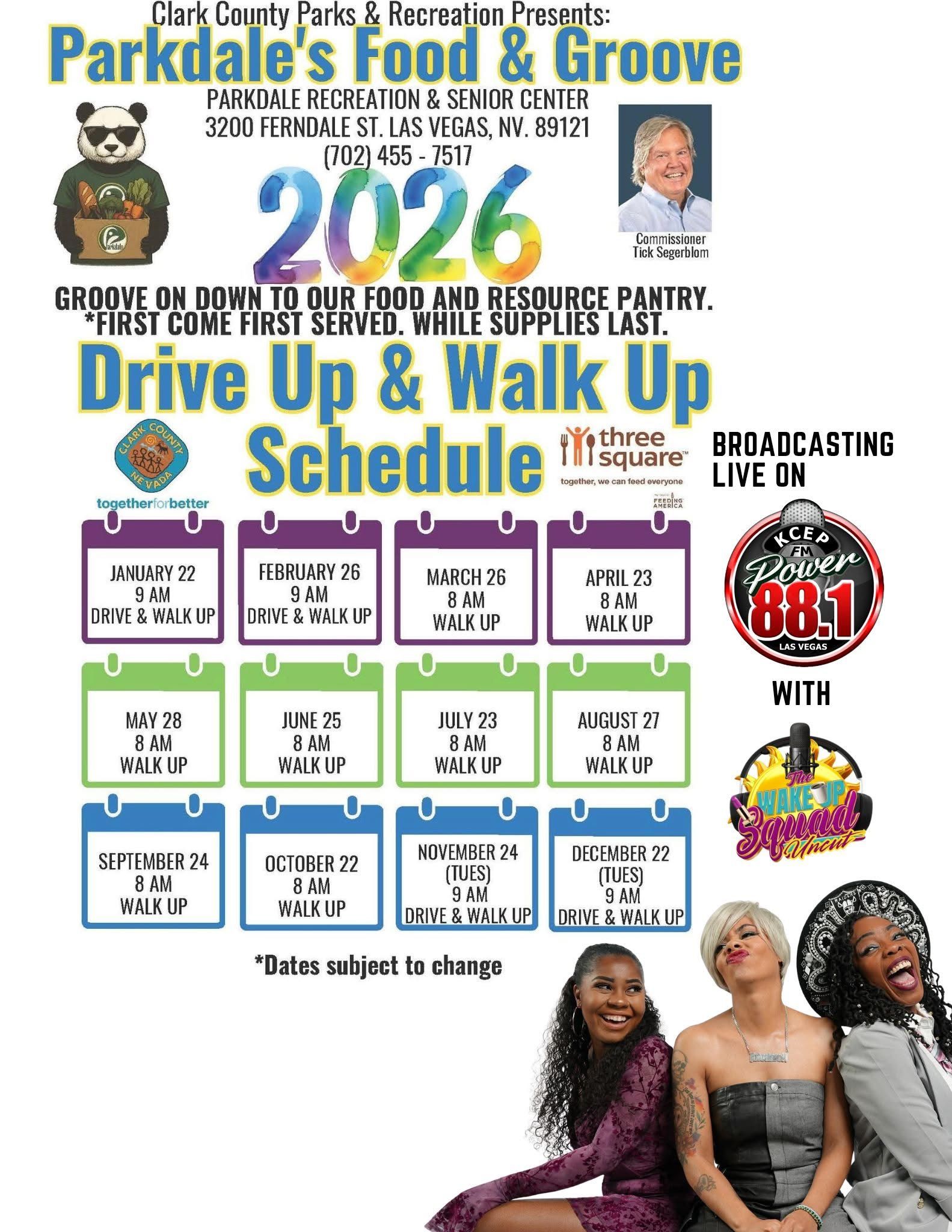 Parkdale's Food & Groove 2026 drive-up and walk-up schedule poster with colorful date blocks and QR code