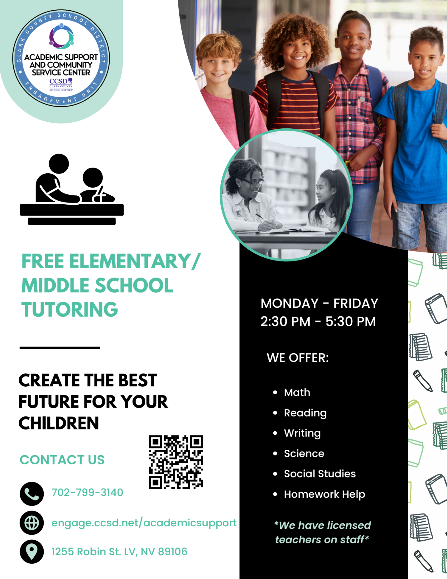 Flyer for free elementary and middle school tutoring, with schedule, subjects, and contact details.