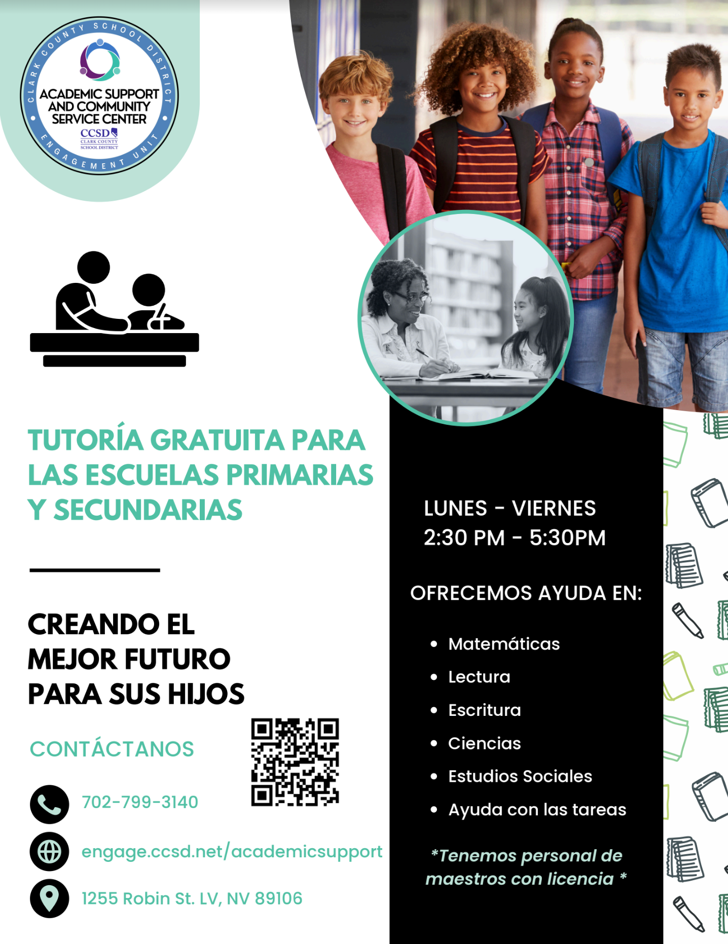 Volante en español de tutoría gratuita para primaria y secundaria, con horario, contacto y foto de estudiantes.