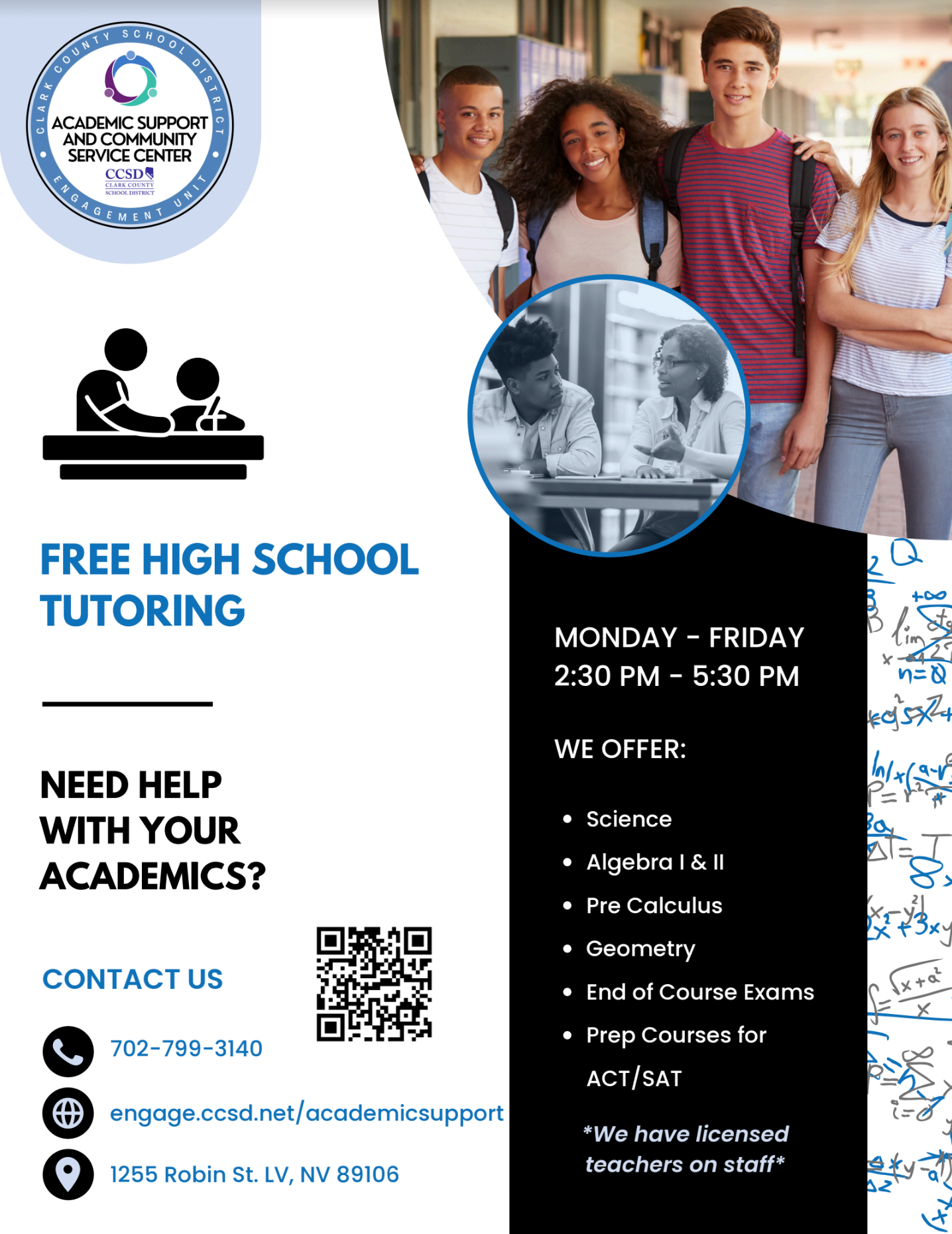 Flyer for free high school tutoring with contact info, QR code, and student photos on a blue-and-white layout