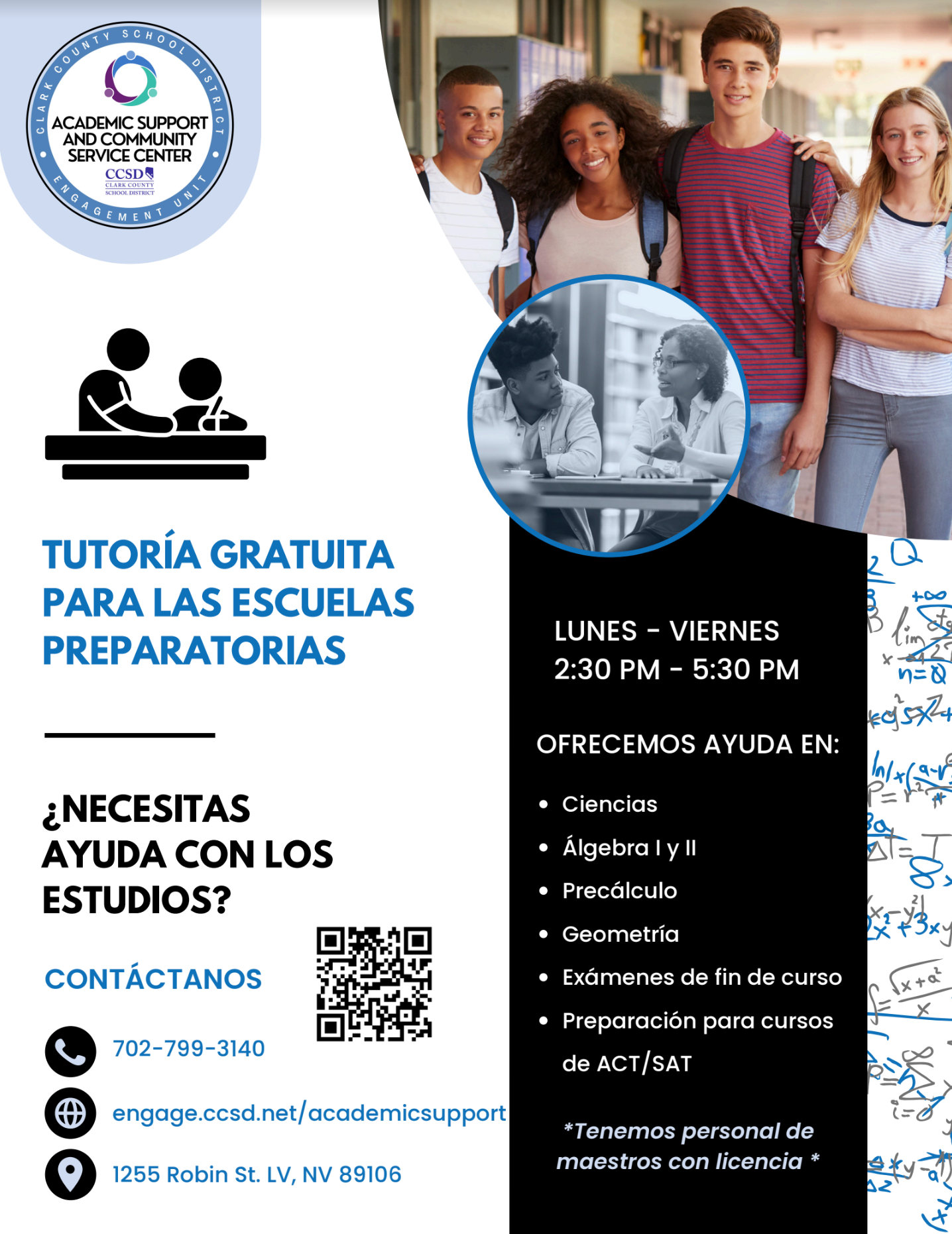 Cartel de tutoría gratuita para escuelas preparatorias, con horario lunes a viernes y datos de contacto.