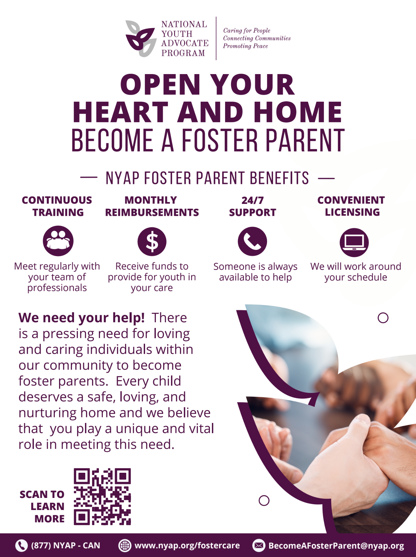 Poster promoting foster parenting, with purple text, icons, and a child holding an adult’s hand