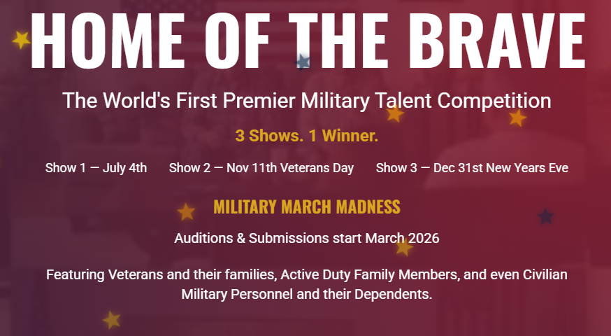 Purple “Home of the Brave” military talent competition poster with show dates and event details