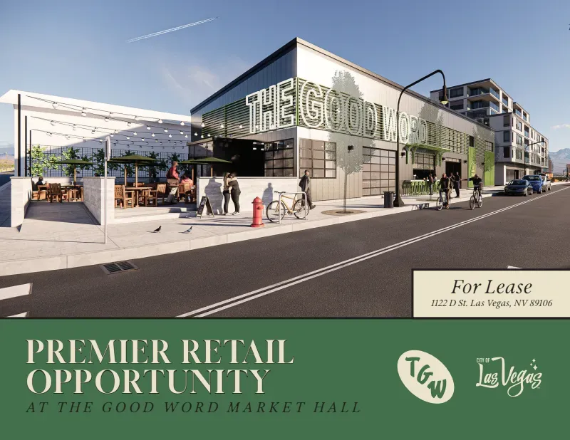 Promotional rendering of The Good Word Market Hall retail space with people walking outside and “For Lease” signage