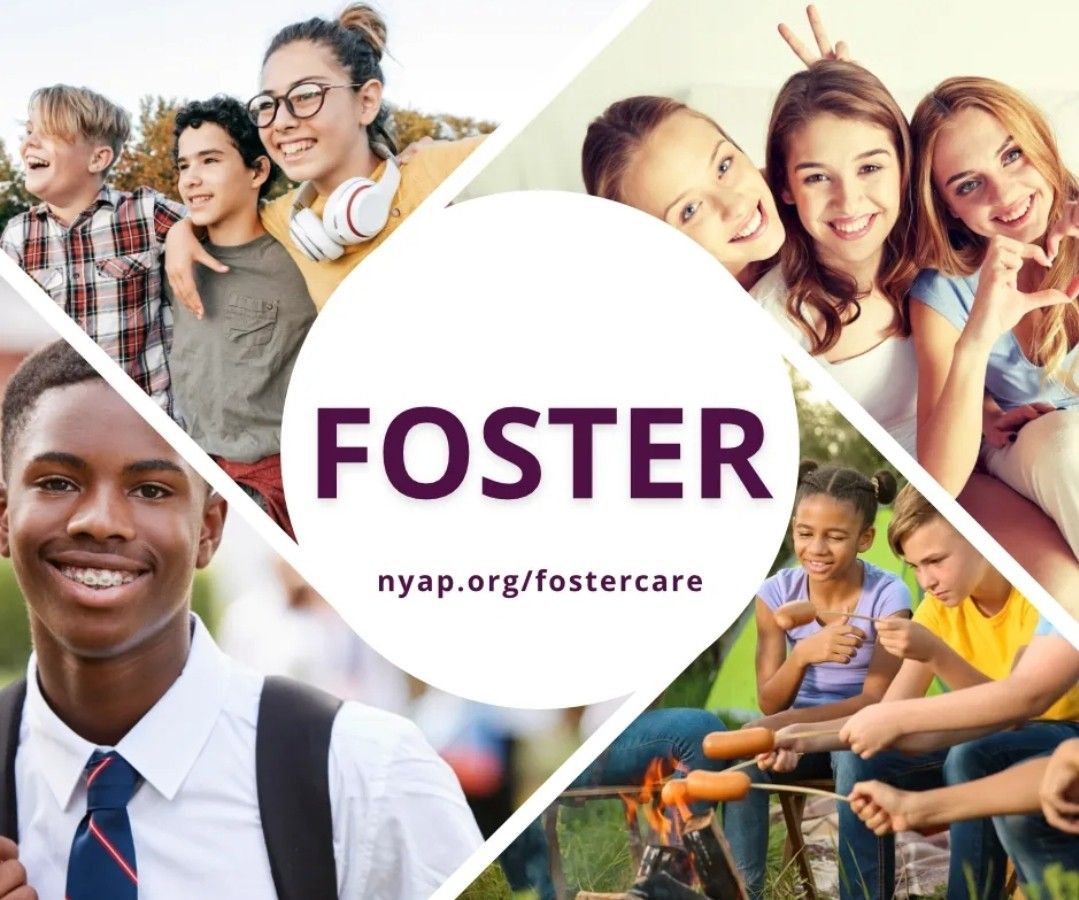 Foster care collage with smiling youth and adults around a central “FOSTER” logo and nyap.org/fostercare text