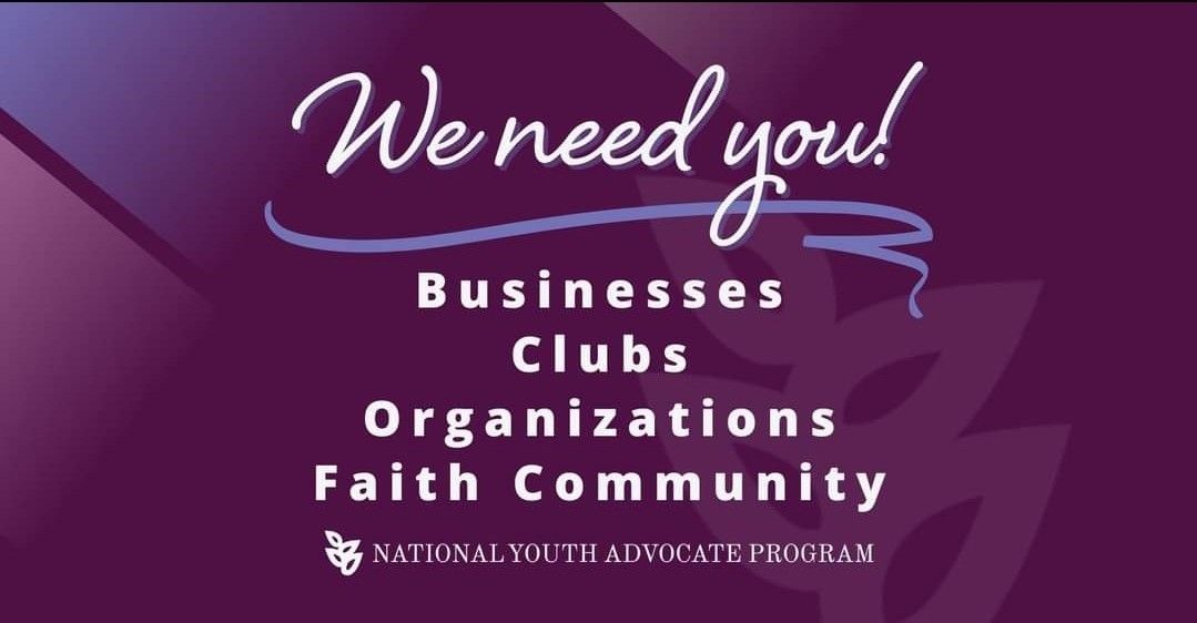Purple banner: “We need you!” recruiting businesses, clubs, organizations, and faith community.
