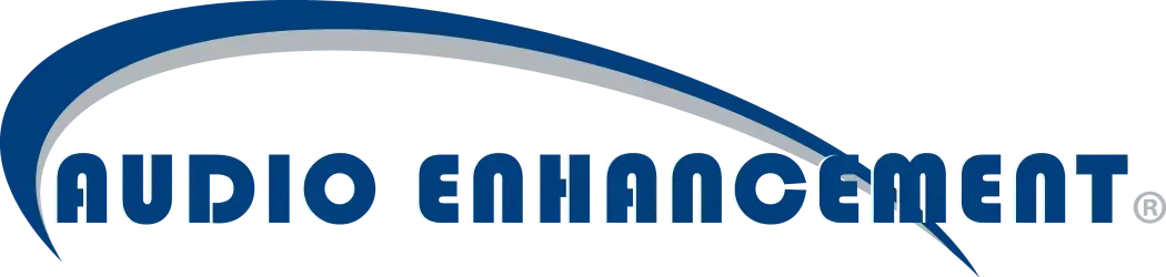 Audio Enhancement logo with blue arc over dark blue text.