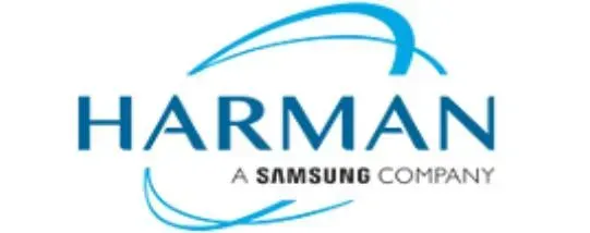 Harman logo: Blue text and curved lines, 