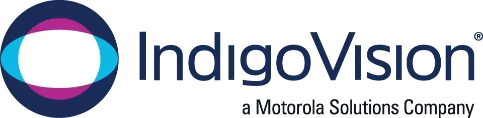 IndigoVision logo with a blue, purple, and white design and the tagline 