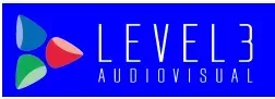 Level 3 Audiovisual logo on a blue background. Has three colored shapes: teal, red, green. Text reads 