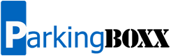 Logo for Parking Boxx, blue parking sign with the words Parking in blue and BOXX in black.