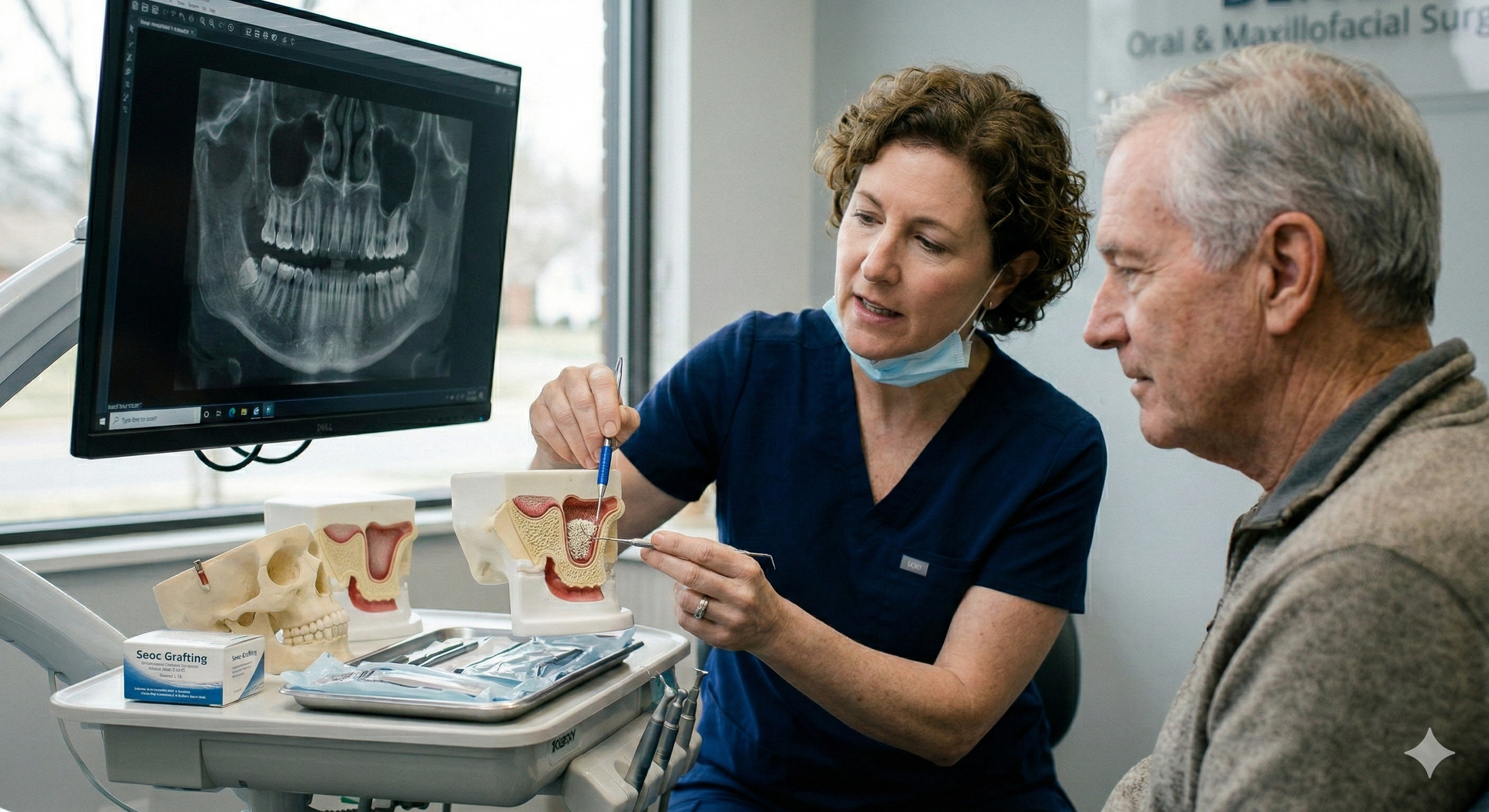 Dentist pointing at x-ray and model, explaining to patient in office with window.