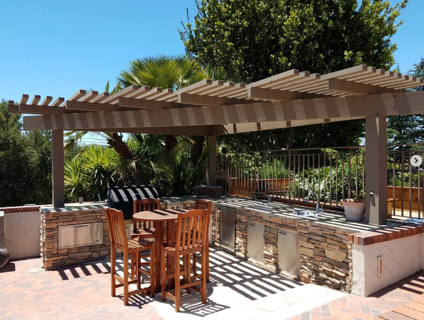 A patio with a table and chairs under a pergola