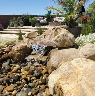 A small waterfall is surrounded by rocks and plants