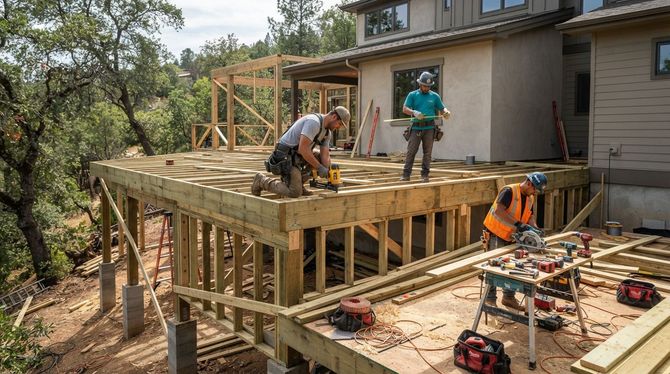 Workers building a wooden deck beside a house, with tools and lumber on the platform.