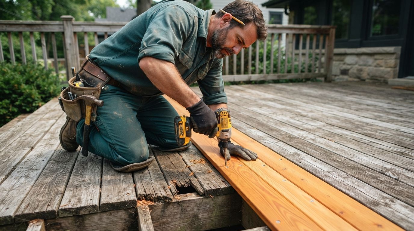 Worker kneeling on a wooden deck, using a tool to install a long board outdoors.