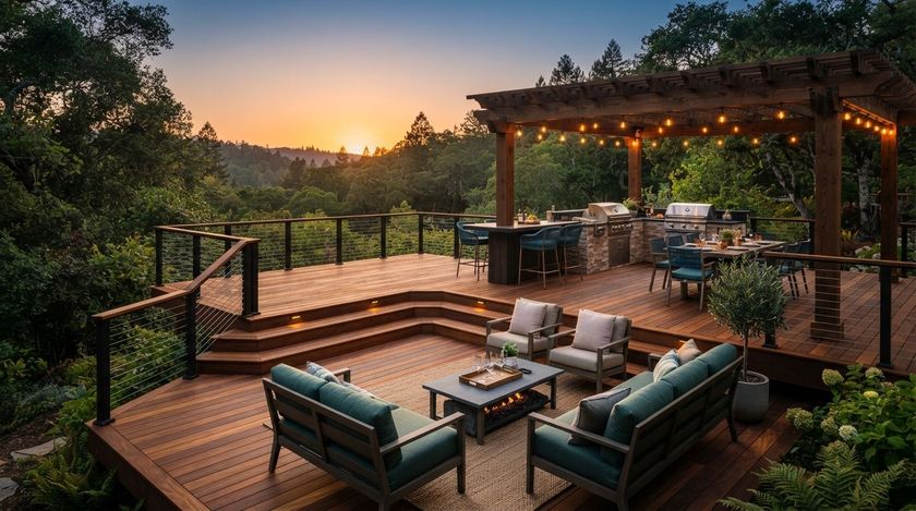 Sunset patio with teal seating, fire pit, and lit pergola overlooking trees and hills