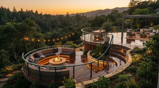 Luxury outdoor lounge with circular fire pit seating at sunset, overlooking a lush hillside valley