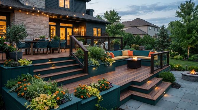 Tiered wooden backyard deck with warm lights, potted flowers, and outdoor seating beside a modern house at dusk