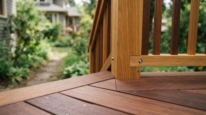 Wooden deck corner with railing posts, beside a blurred garden path and greenery.