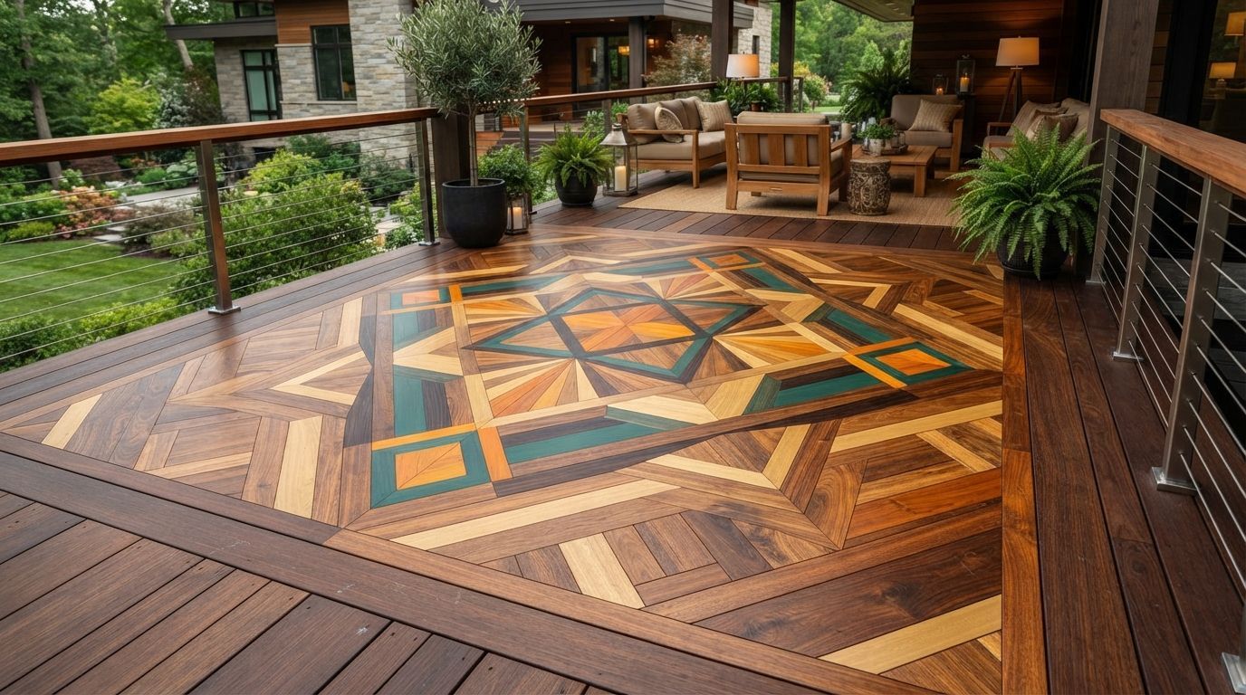 Outdoor wooden deck with a colorful geometric inlay and potted plants in a garden setting