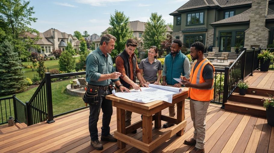 Contractors reviewing blueprints on a wooden deck in a suburban backyard, with houses and landscaping nearby