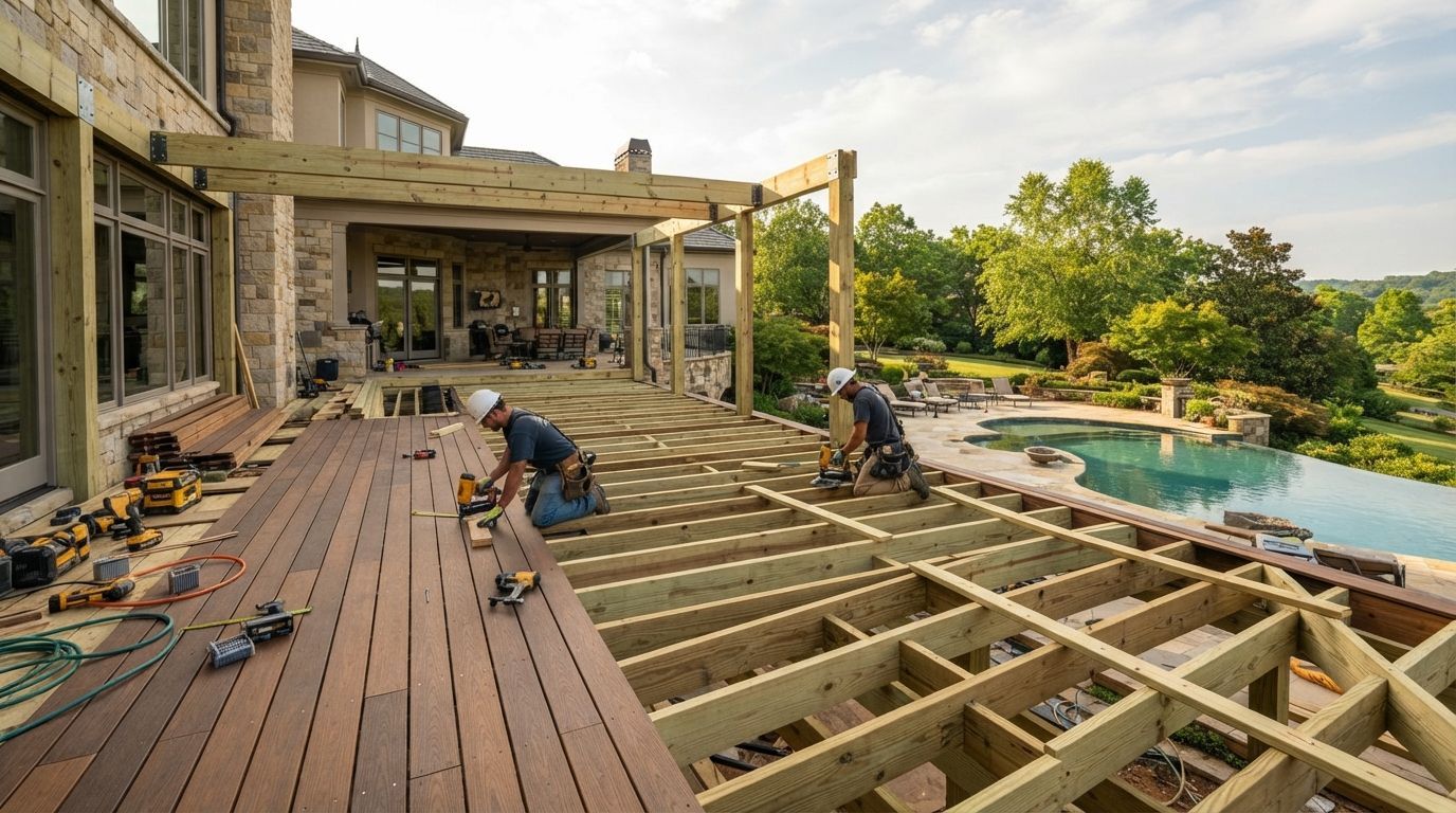 Workers rebuilding a backyard deck beside a pool and patio at a house during renovation