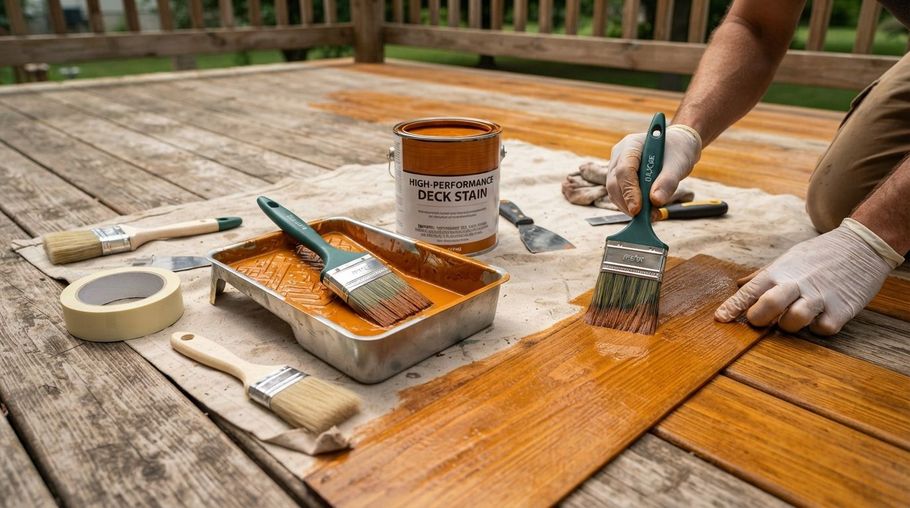 Person paints a wooden outdoor table orange with a brush and roller beside paint cans and tape.