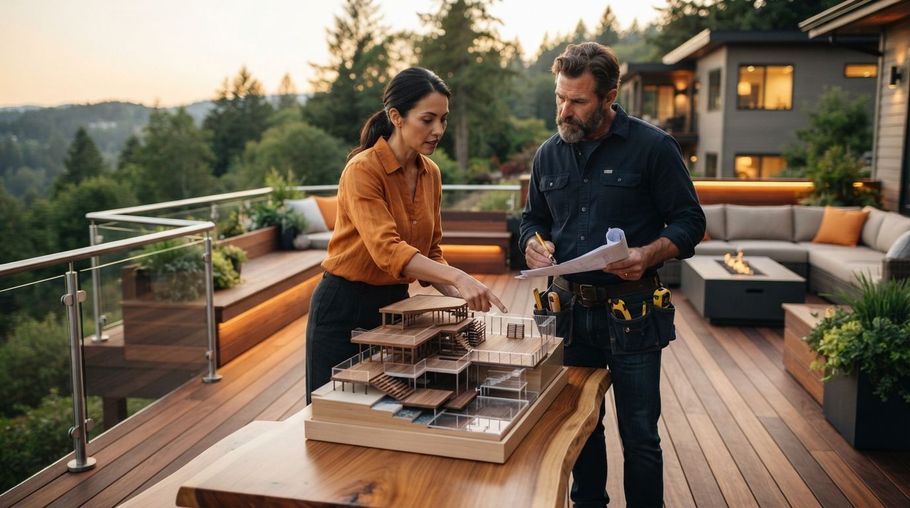 Two people review a house model on a wooden patio at sunset, with modern outdoor seating and mountain views.