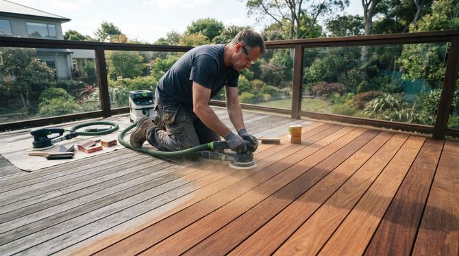 Person sanding a wooden deck outdoors with a power sander beside tools and a paint can